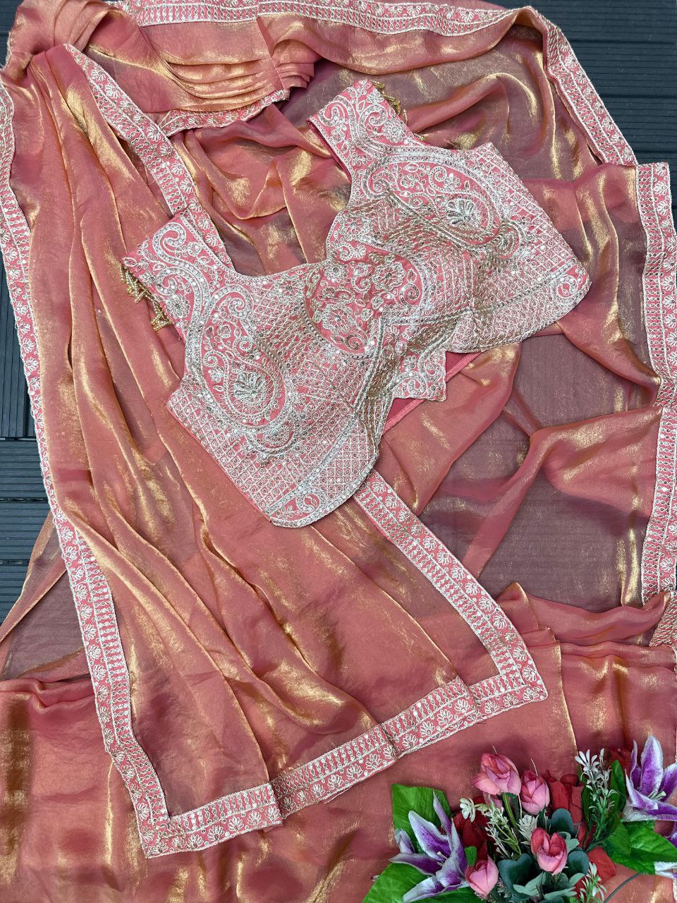 Super Trending Ready-to-Wear Fandy Satin Saree with Embroidered Blouse