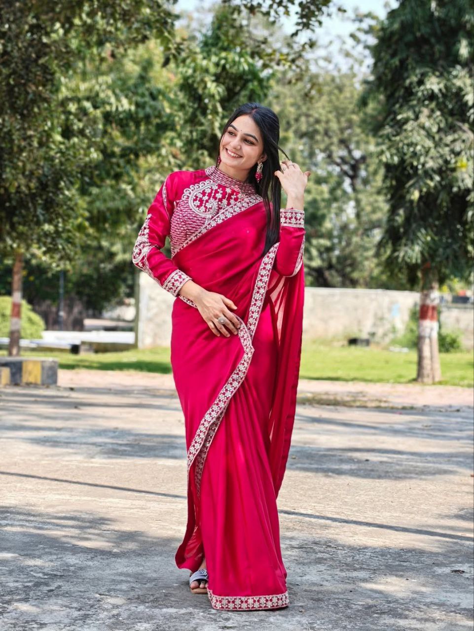 Heavy Rangoli Ready to Wear Saree with Embroidery Sequence Work & Full Stitched Banglori Blouse