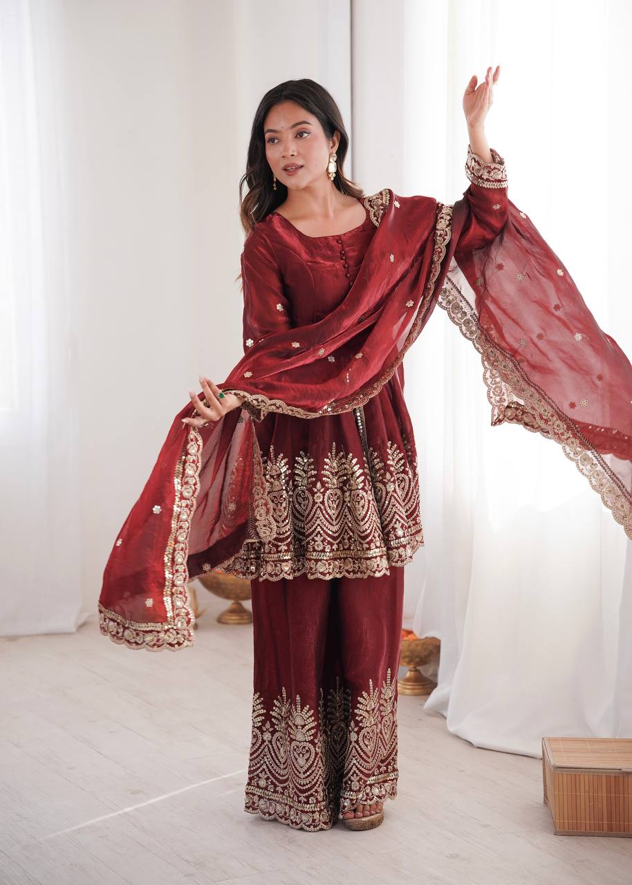 Women’s Heavy Two Tone Fendy Satin Silk Gown Sharara Set with Embroidery Sequins & Real Mirror Work | Wedding & Party Wear Suit