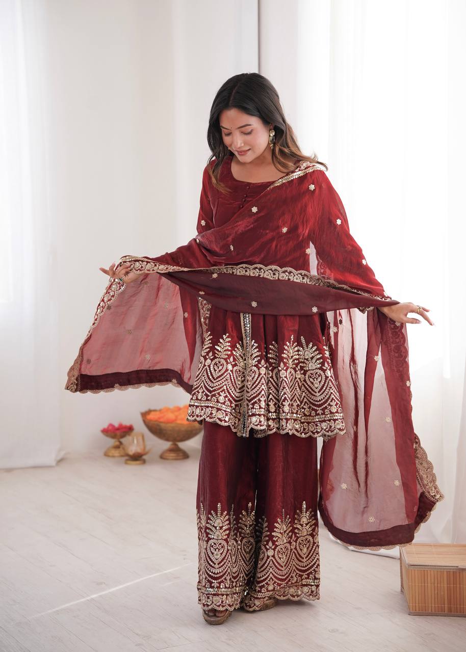 Women’s Heavy Two Tone Fendy Satin Silk Gown Sharara Set with Embroidery Sequins & Real Mirror Work | Wedding & Party Wear Suit