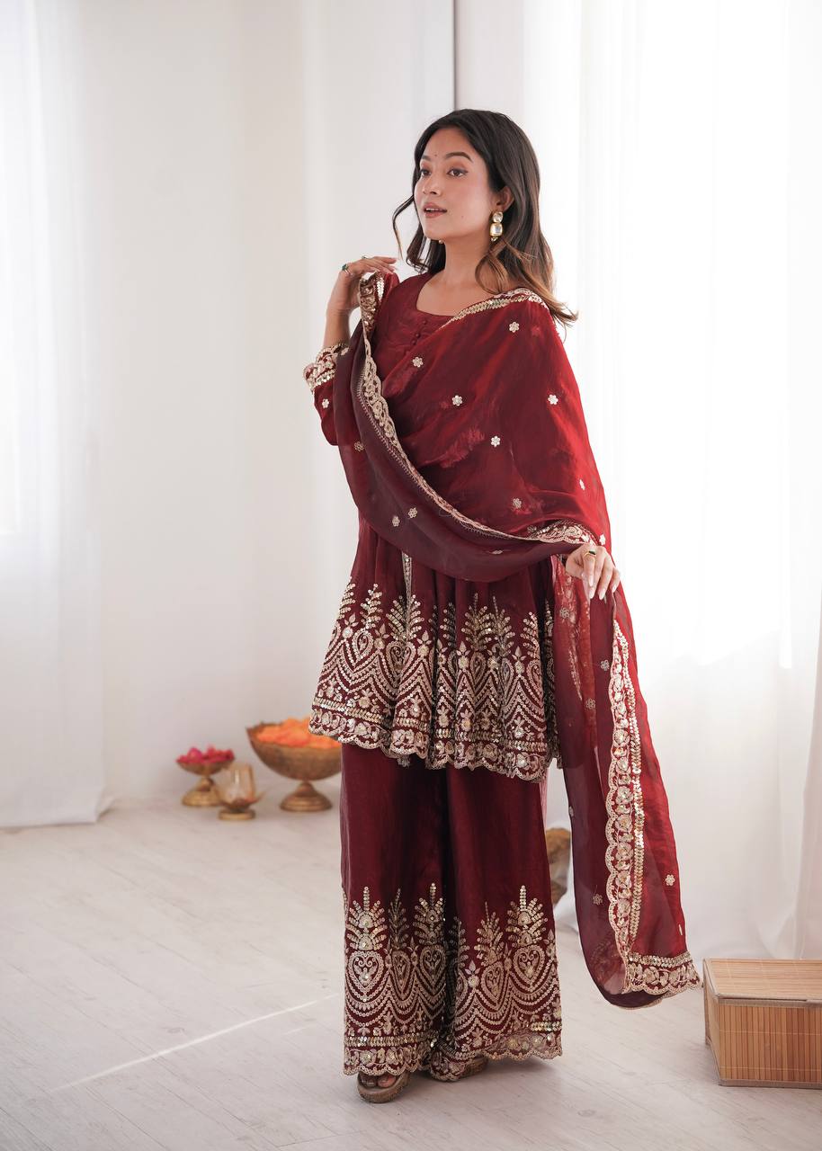 Women’s Heavy Two Tone Fendy Satin Silk Gown Sharara Set with Embroidery Sequins & Real Mirror Work | Wedding & Party Wear Suit