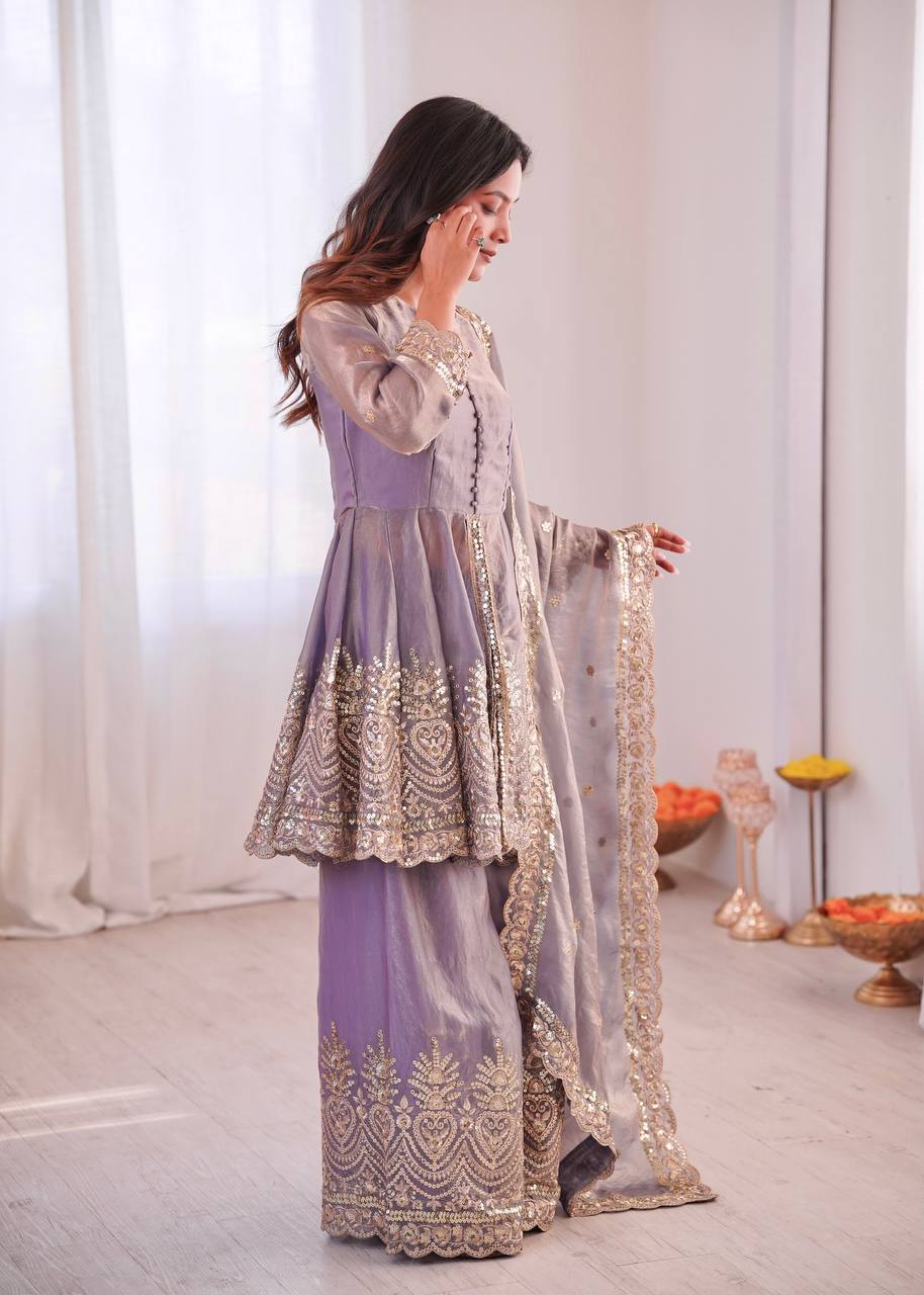 Women’s Heavy Two Tone Fendy Satin Silk Gown Sharara Set with Embroidery Sequins & Real Mirror Work | Wedding & Party Wear Suit
