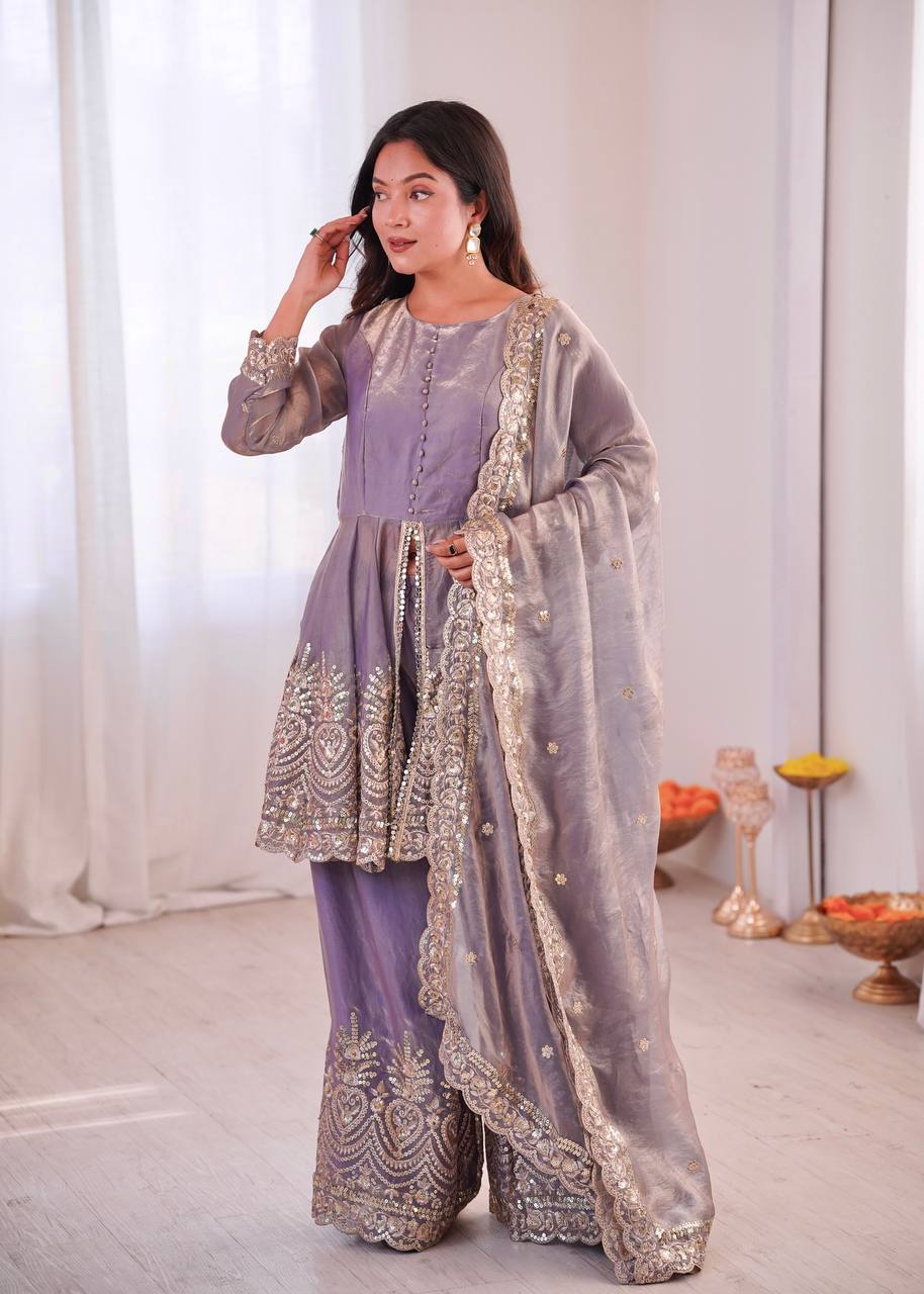 Women’s Heavy Two Tone Fendy Satin Silk Gown Sharara Set with Embroidery Sequins & Real Mirror Work | Wedding & Party Wear Suit