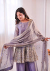 Women’s Heavy Two Tone Fendy Satin Silk Gown Sharara Set with Embroidery Sequins & Real Mirror Work | Wedding & Party Wear Suit