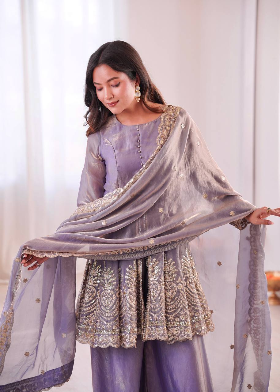 Women’s Heavy Two Tone Fendy Satin Silk Gown Sharara Set with Embroidery Sequins & Real Mirror Work | Wedding & Party Wear Suit