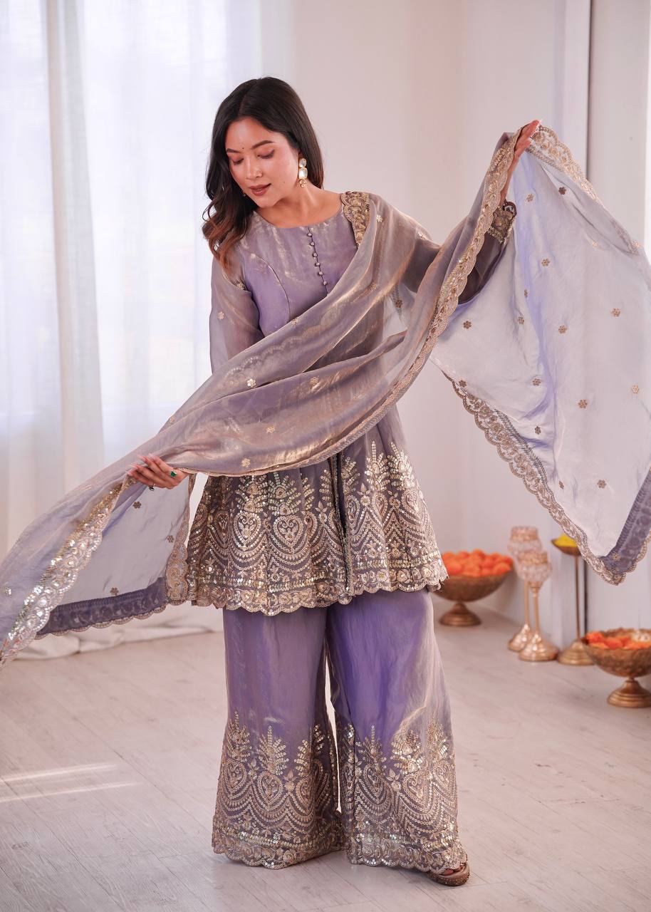 Women’s Heavy Two Tone Fendy Satin Silk Gown Sharara Set with Embroidery Sequins & Real Mirror Work | Wedding & Party Wear Suit