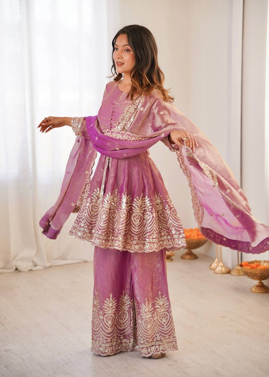 Women’s Heavy Two Tone Fendy Satin Silk Gown Sharara Set with Embroidery Sequins & Real Mirror Work | Wedding & Party Wear Suit