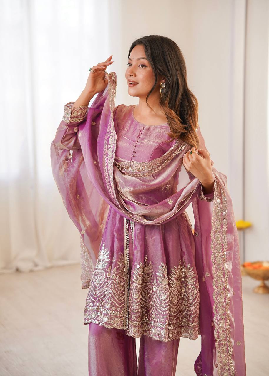 Women’s Heavy Two Tone Fendy Satin Silk Gown Sharara Set with Embroidery Sequins & Real Mirror Work | Wedding & Party Wear Suit