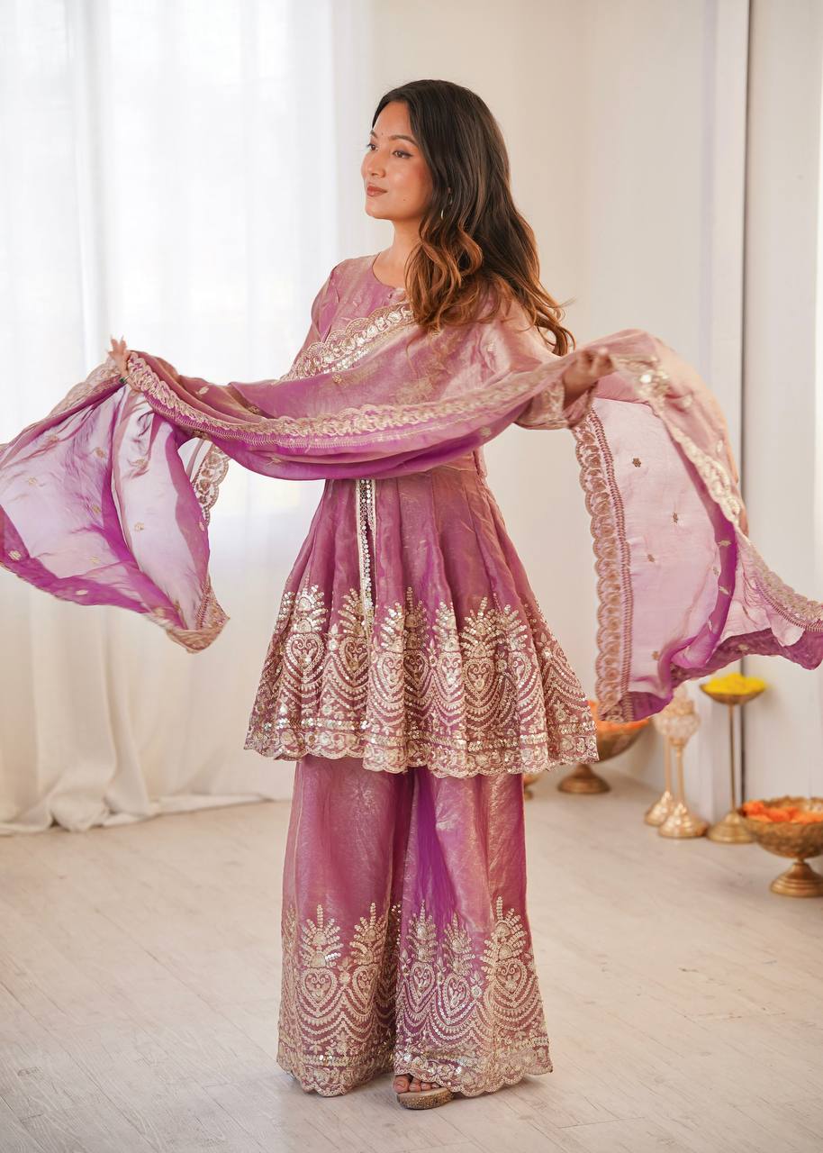 Women’s Heavy Two Tone Fendy Satin Silk Gown Sharara Set with Embroidery Sequins & Real Mirror Work | Wedding & Party Wear Suit