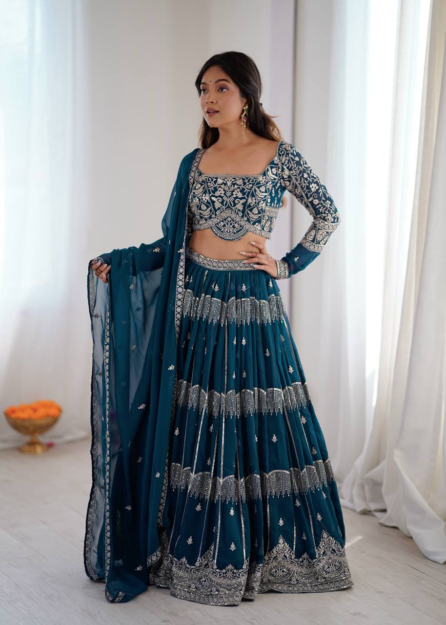Designer Faux Georgette Lehenga Choli Set with Thread & Sequin Embroidery | 3.5 Meter Flair Wedding & Party Wear Lehenga