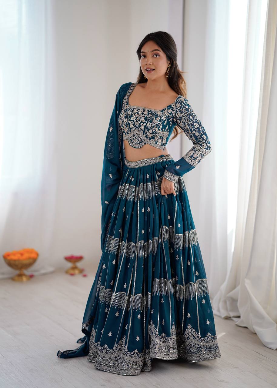 Designer Faux Georgette Lehenga Choli Set with Thread & Sequin Embroidery | 3.5 Meter Flair Wedding & Party Wear Lehenga
