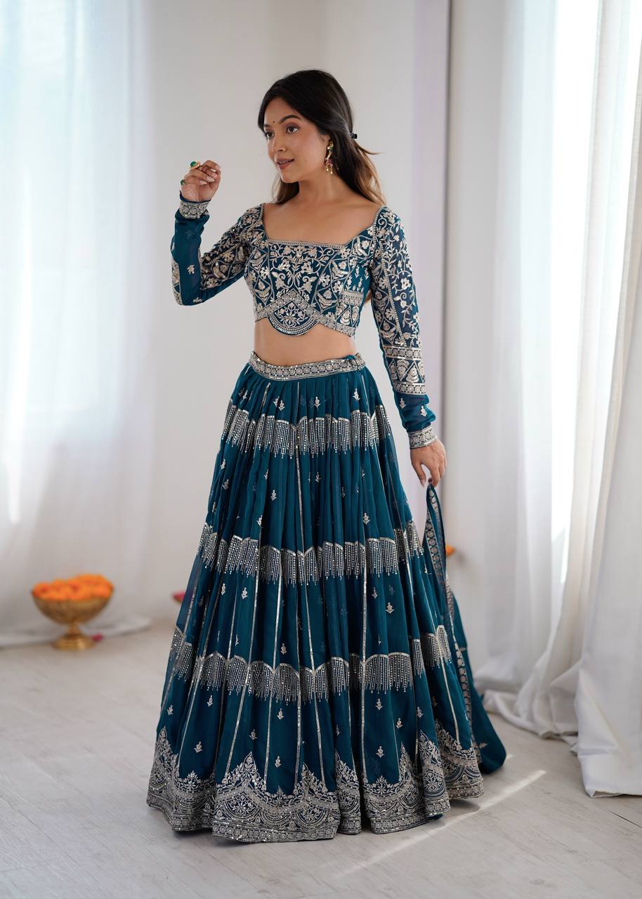 Designer Faux Georgette Lehenga Choli Set with Thread & Sequin Embroidery | 3.5 Meter Flair Wedding & Party Wear Lehenga