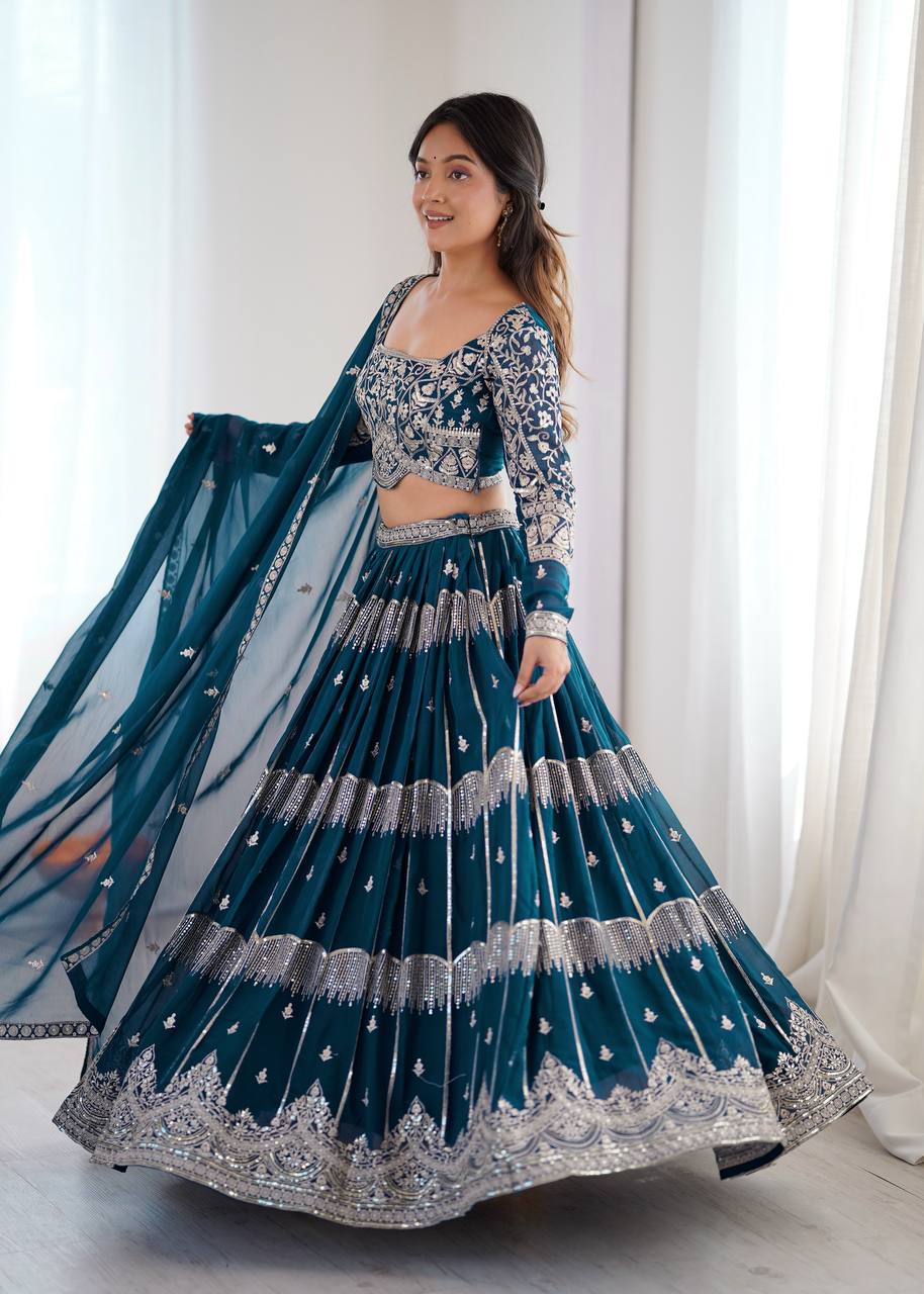 Designer Faux Georgette Lehenga Choli Set with Thread & Sequin Embroidery | 3.5 Meter Flair Wedding & Party Wear Lehenga