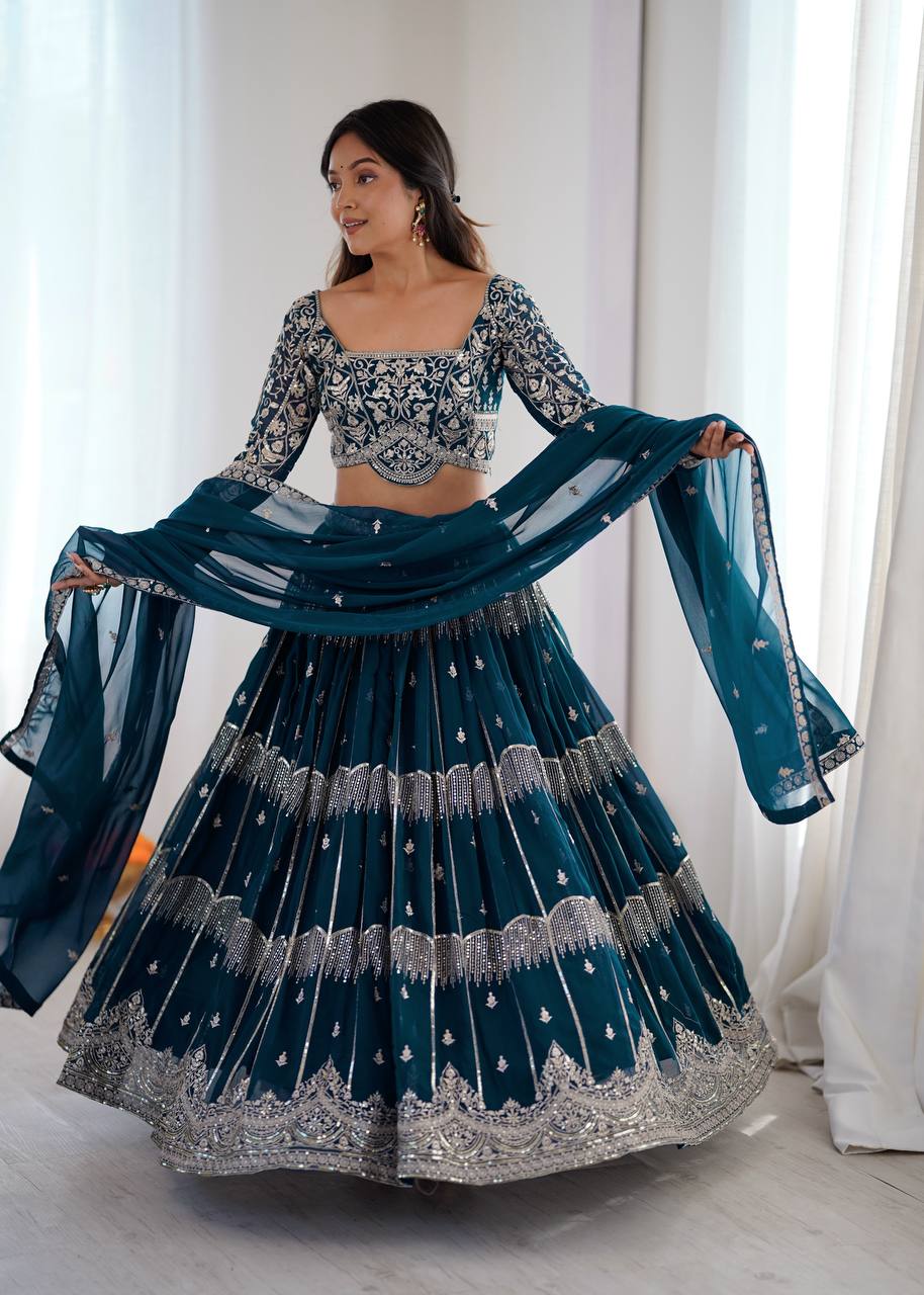 Designer Faux Georgette Lehenga Choli Set with Thread & Sequin Embroidery | 3.5 Meter Flair Wedding & Party Wear Lehenga