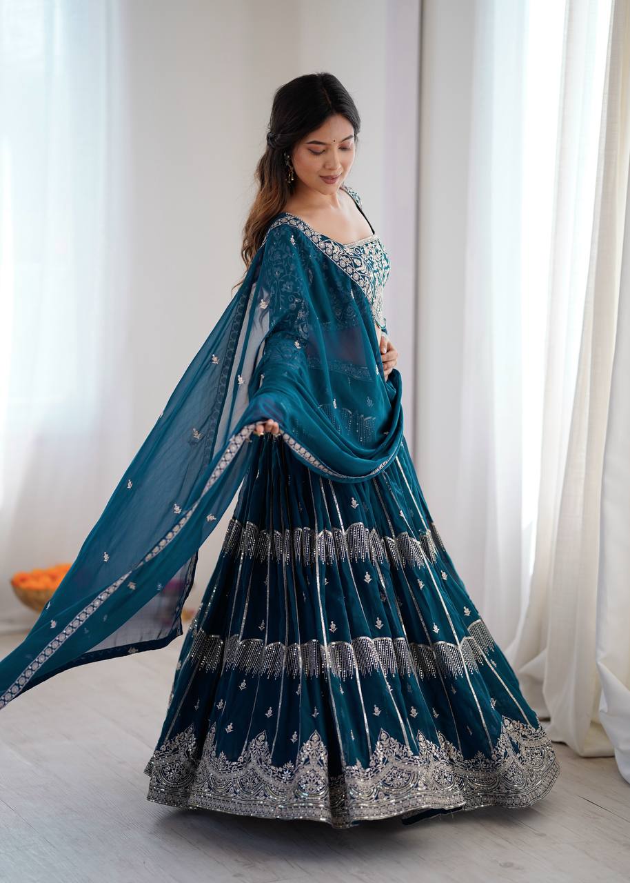 Designer Faux Georgette Lehenga Choli Set with Thread & Sequin Embroidery | 3.5 Meter Flair Wedding & Party Wear Lehenga