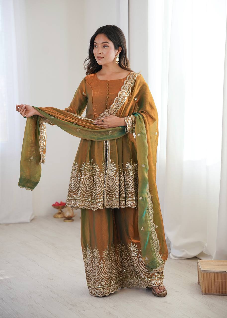 Women’s Heavy Two Tone Fendy Satin Silk Gown Sharara Set with Embroidery Sequins & Real Mirror Work | Wedding & Party Wear Suit