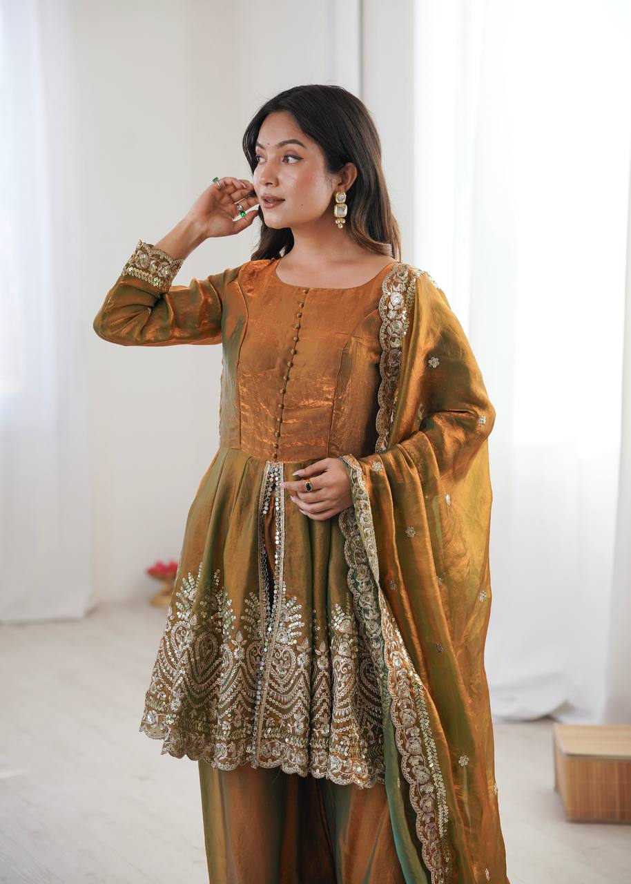 Women’s Heavy Two Tone Fendy Satin Silk Gown Sharara Set with Embroidery Sequins & Real Mirror Work | Wedding & Party Wear Suit