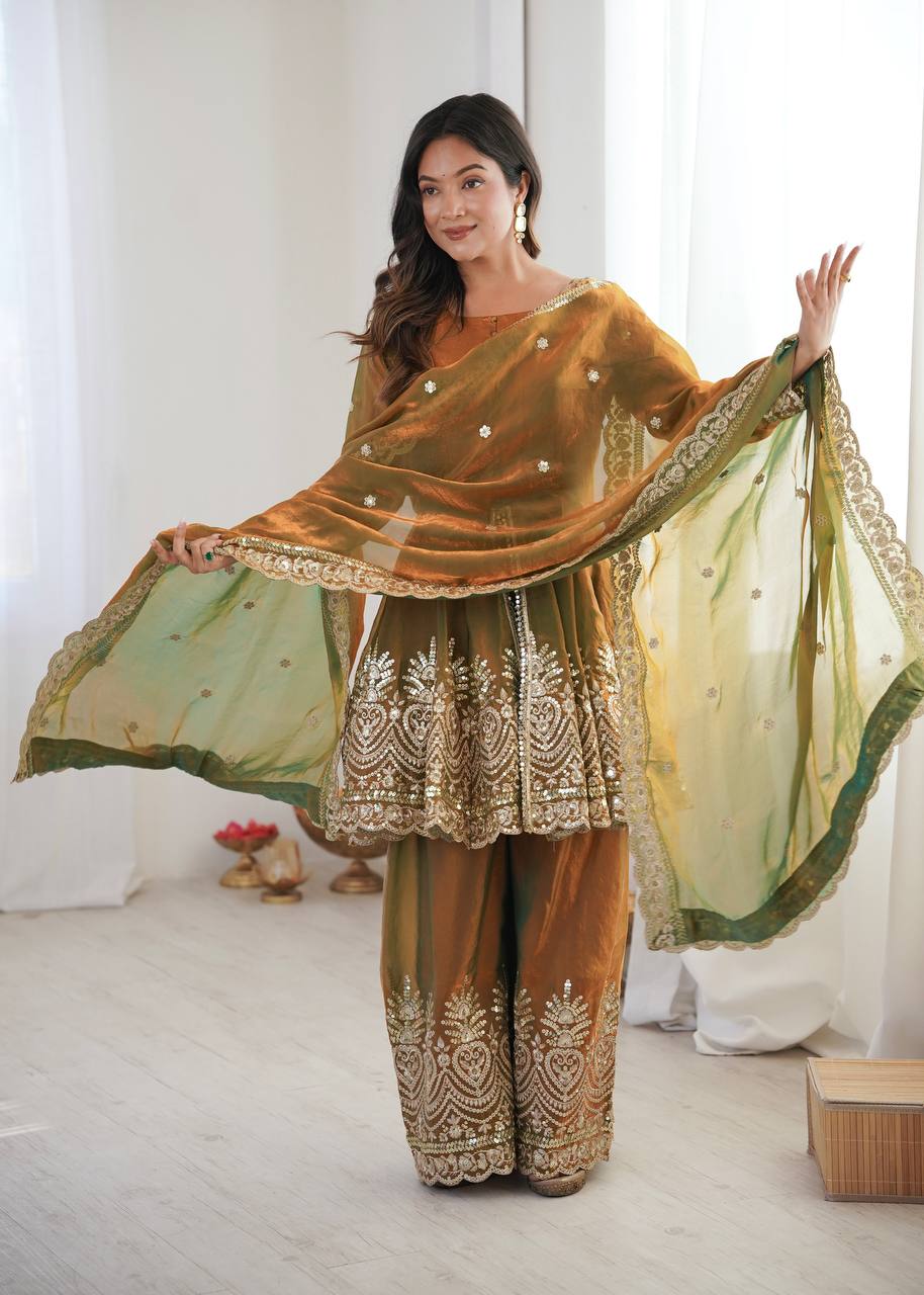 Women’s Heavy Two Tone Fendy Satin Silk Gown Sharara Set with Embroidery Sequins & Real Mirror Work | Wedding & Party Wear Suit