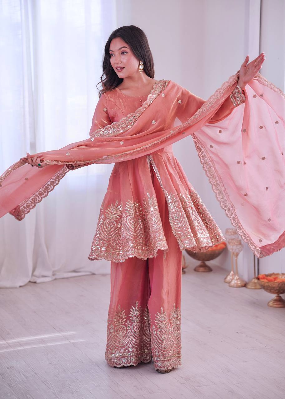 Women’s Heavy Two Tone Fendy Satin Silk Gown Sharara Set with Embroidery Sequins & Real Mirror Work | Wedding & Party Wear Suit
