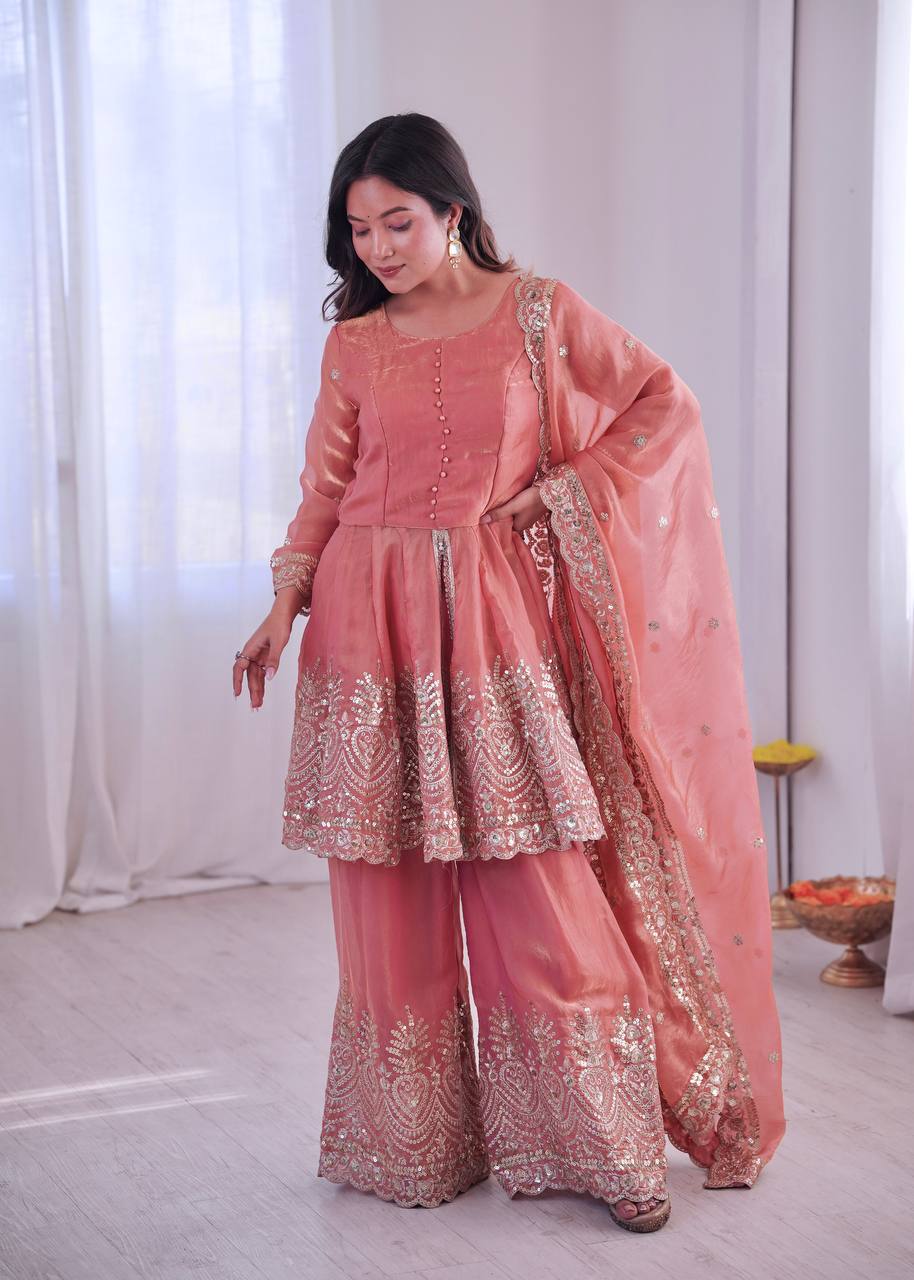 Women’s Heavy Two Tone Fendy Satin Silk Gown Sharara Set with Embroidery Sequins & Real Mirror Work | Wedding & Party Wear Suit