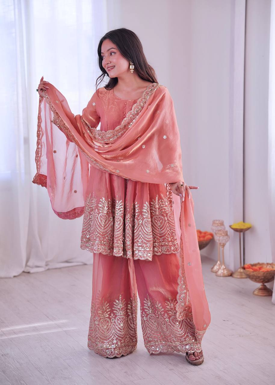 Women’s Heavy Two Tone Fendy Satin Silk Gown Sharara Set with Embroidery Sequins & Real Mirror Work | Wedding & Party Wear Suit