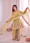 Women’s Heavy Two Tone Fendy Satin Silk Gown Sharara Set with Embroidery Sequins & Real Mirror Work | Wedding & Party Wear Suit