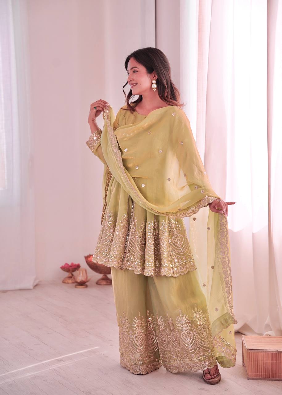 Women’s Heavy Two Tone Fendy Satin Silk Gown Sharara Set with Embroidery Sequins & Real Mirror Work | Wedding & Party Wear Suit