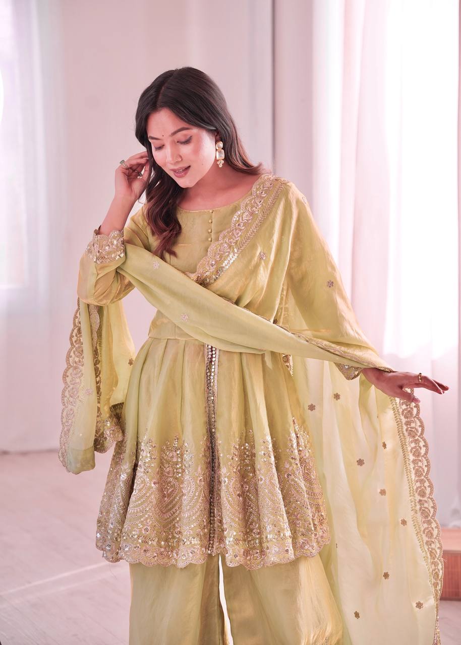 Women’s Heavy Two Tone Fendy Satin Silk Gown Sharara Set with Embroidery Sequins & Real Mirror Work | Wedding & Party Wear Suit
