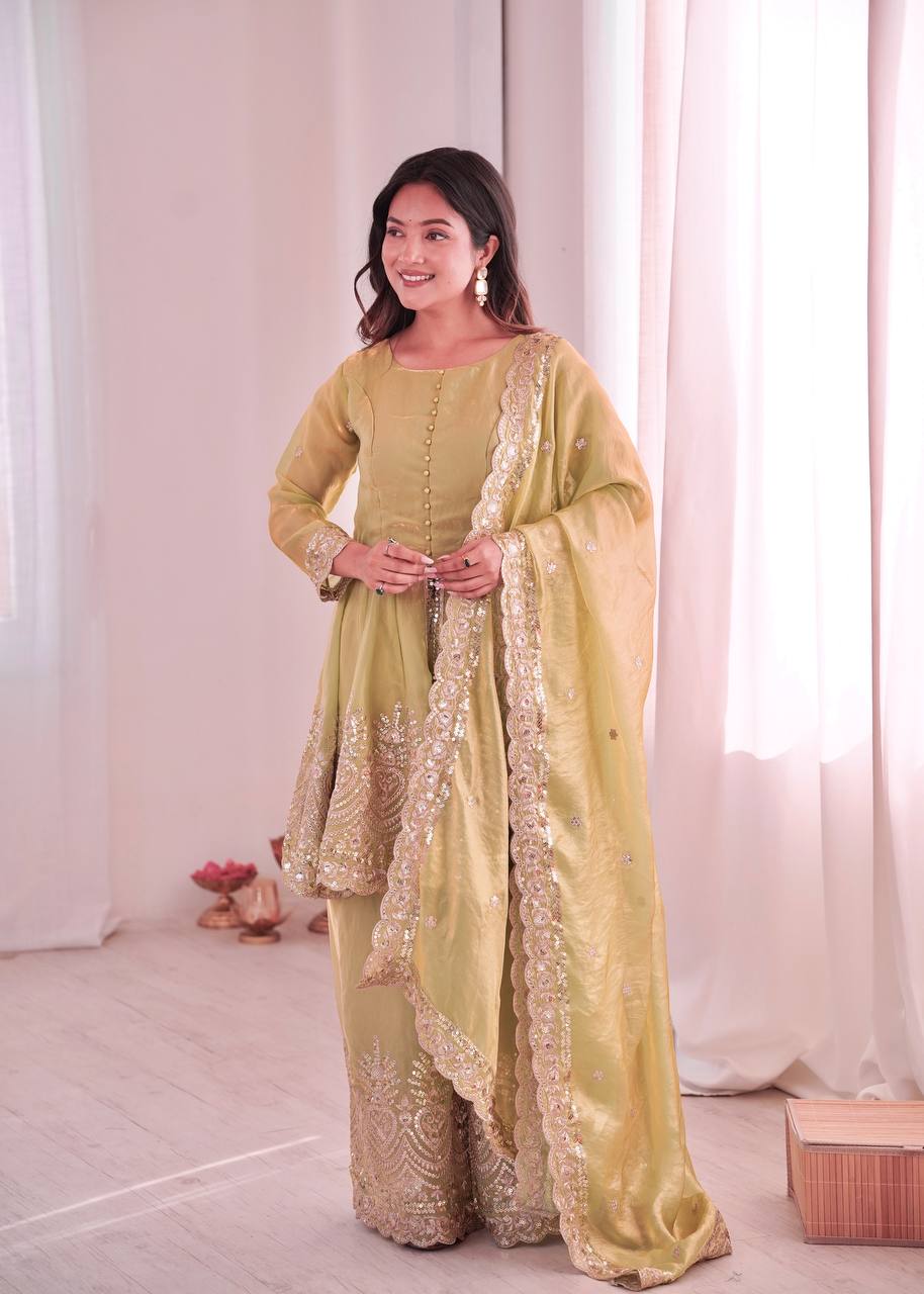 Women’s Heavy Two Tone Fendy Satin Silk Gown Sharara Set with Embroidery Sequins & Real Mirror Work | Wedding & Party Wear Suit
