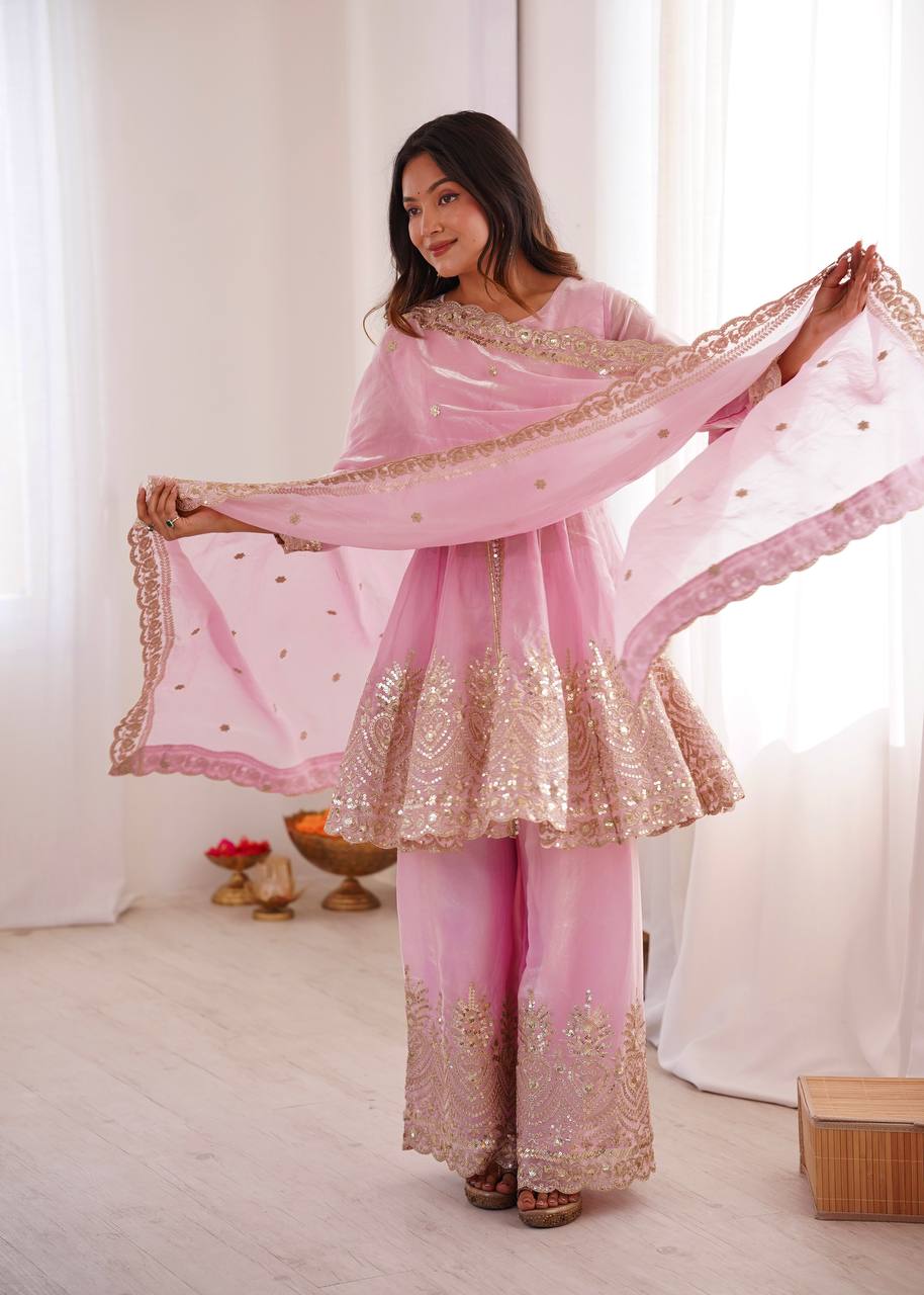 Women’s Heavy Two Tone Fendy Satin Silk Gown Sharara Set with Embroidery Sequins & Real Mirror Work | Wedding & Party Wear Suit