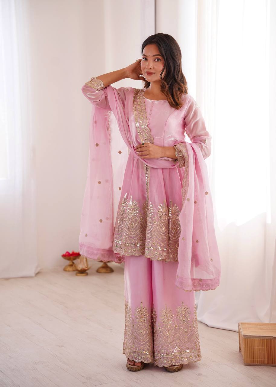 Women’s Heavy Two Tone Fendy Satin Silk Gown Sharara Set with Embroidery Sequins & Real Mirror Work | Wedding & Party Wear Suit