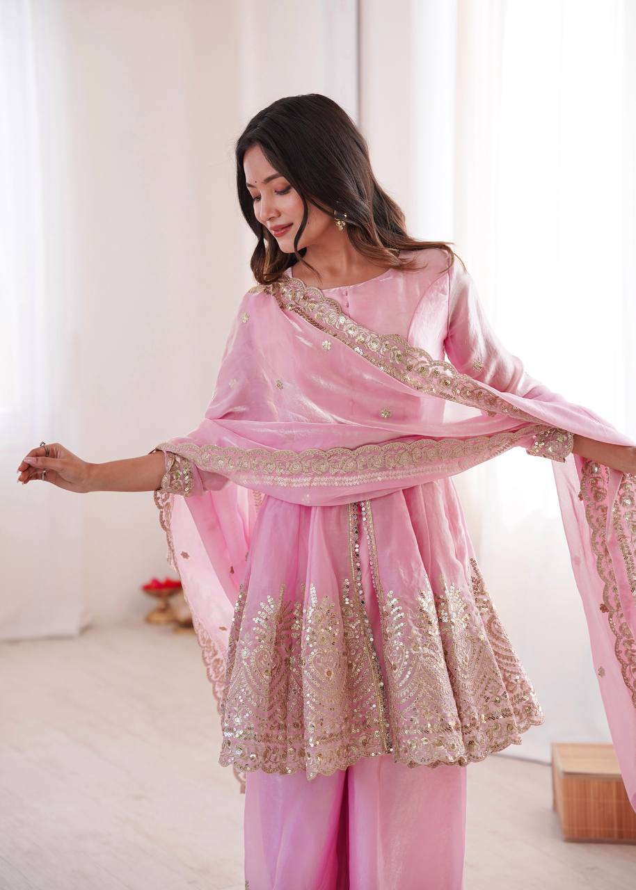 Women’s Heavy Two Tone Fendy Satin Silk Gown Sharara Set with Embroidery Sequins & Real Mirror Work | Wedding & Party Wear Suit