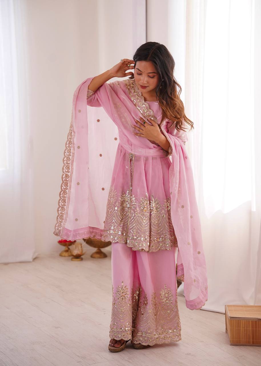Women’s Heavy Two Tone Fendy Satin Silk Gown Sharara Set with Embroidery Sequins & Real Mirror Work | Wedding & Party Wear Suit
