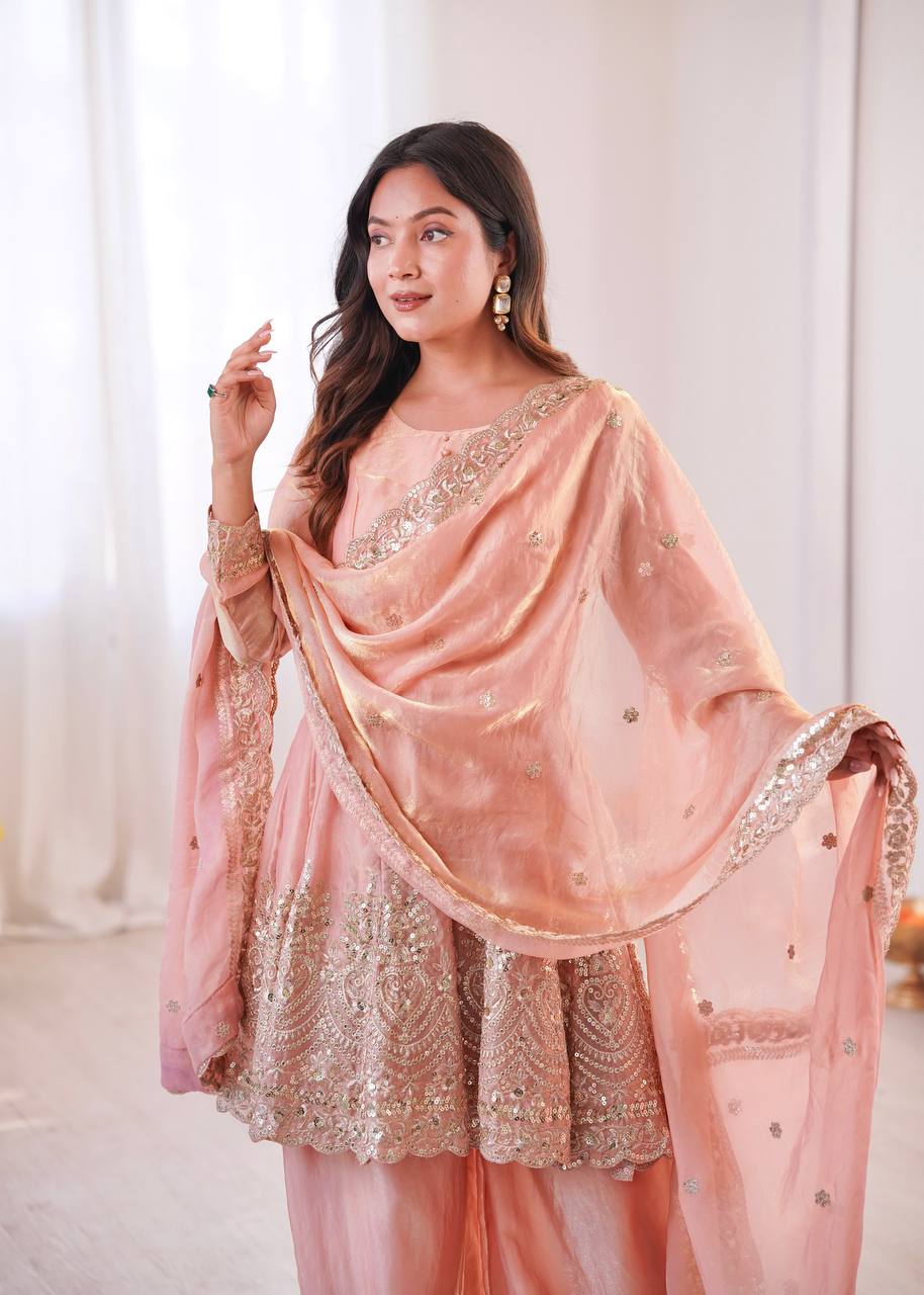 Women’s Heavy Two Tone Fendy Satin Silk Gown Sharara Set with Embroidery Sequins & Real Mirror Work | Wedding & Party Wear Suit