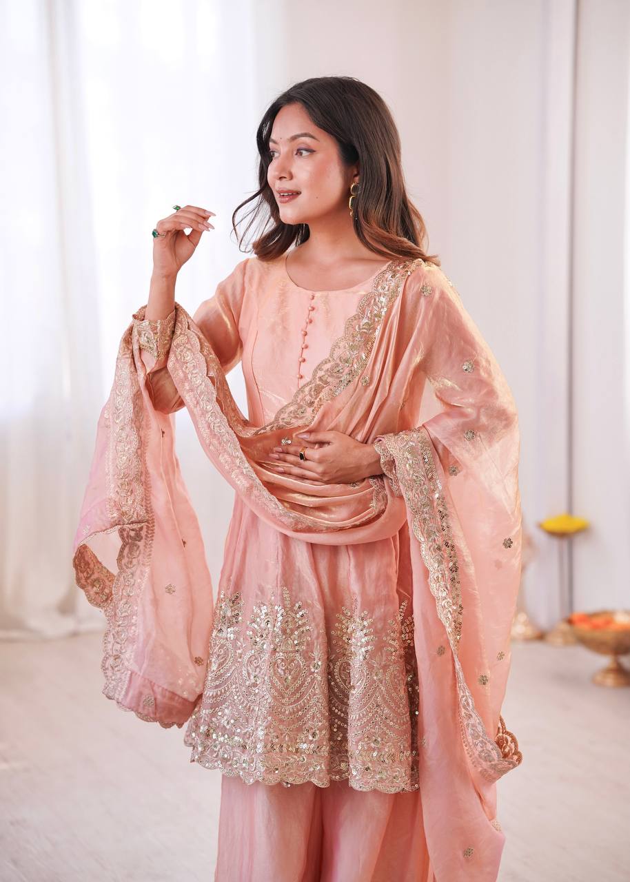 Women’s Heavy Two Tone Fendy Satin Silk Gown Sharara Set with Embroidery Sequins & Real Mirror Work | Wedding & Party Wear Suit