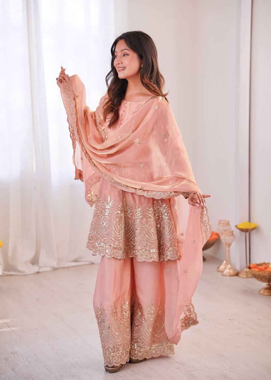 Women’s Heavy Two Tone Fendy Satin Silk Gown Sharara Set with Embroidery Sequins & Real Mirror Work | Wedding & Party Wear Suit