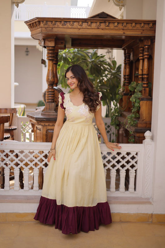 Premium Cotton Designer Gown with Sequins & Multithread Beads Embroidery | 7 Meter Flair Party Wear Ready Made Gown