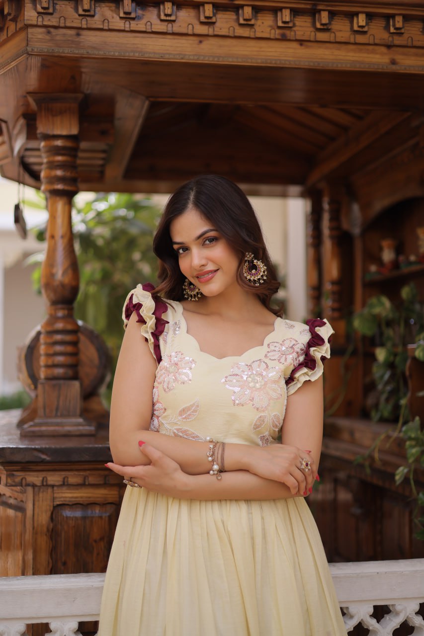 Premium Cotton Designer Gown with Sequins & Multithread Beads Embroidery | 7 Meter Flair Party Wear Ready Made Gown
