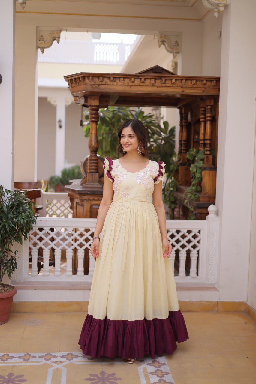 Premium Cotton Designer Gown with Sequins & Multithread Beads Embroidery | 7 Meter Flair Party Wear Ready Made Gown