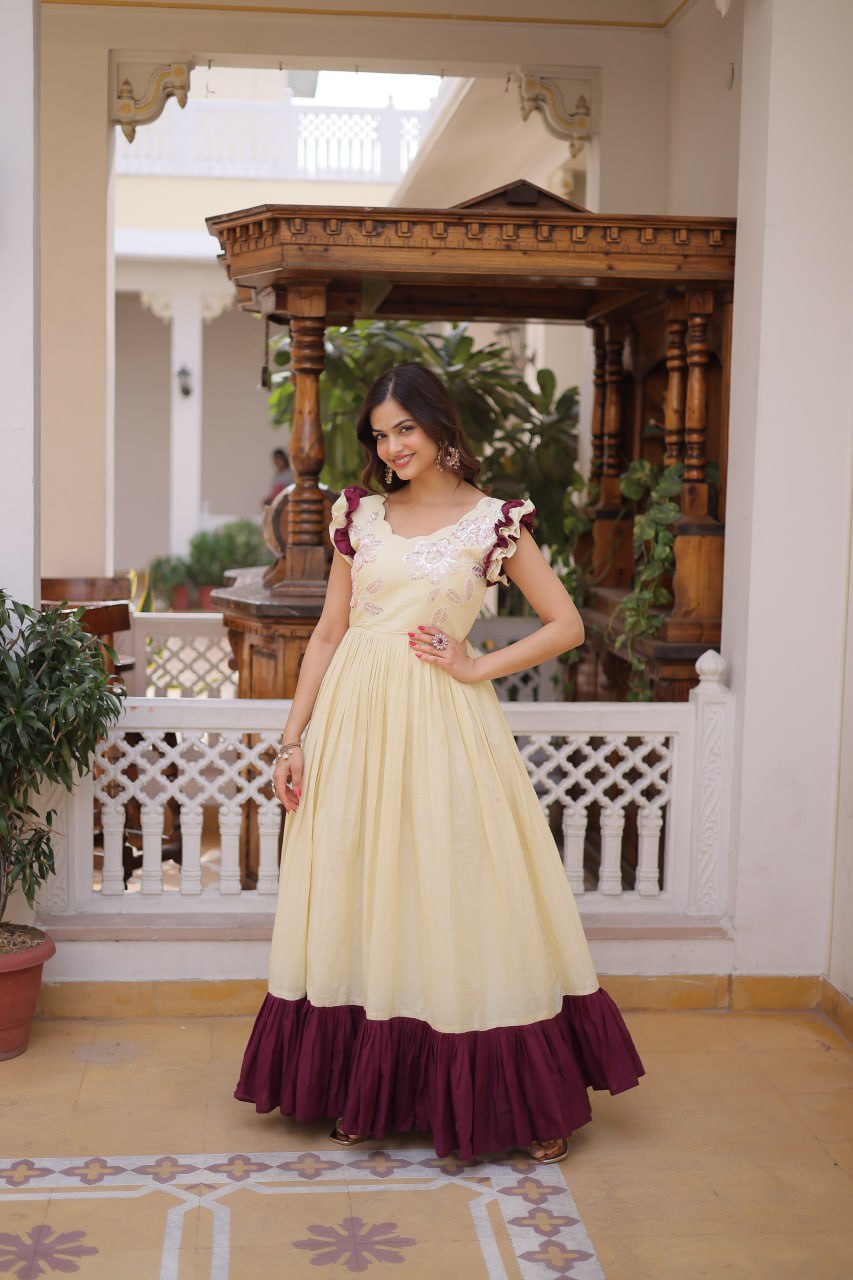 Premium Cotton Designer Gown with Sequins & Multithread Beads Embroidery | 7 Meter Flair Party Wear Ready Made Gown