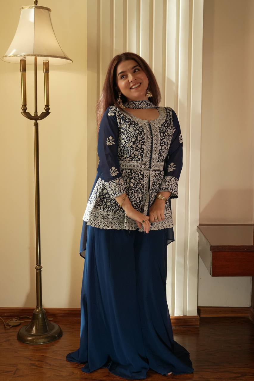 Embroidered Georgette Peplum Top with Palazzo & Dupatta Set | Festive Party Wear Kurti Set for Women