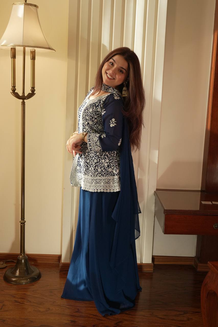 Embroidered Georgette Peplum Top with Palazzo & Dupatta Set | Festive Party Wear Kurti Set for Women