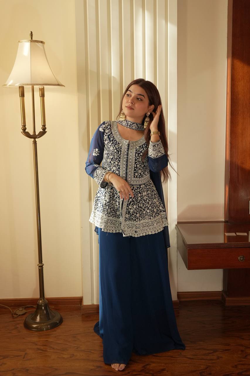 Embroidered Georgette Peplum Top with Palazzo & Dupatta Set | Festive Party Wear Kurti Set for Women