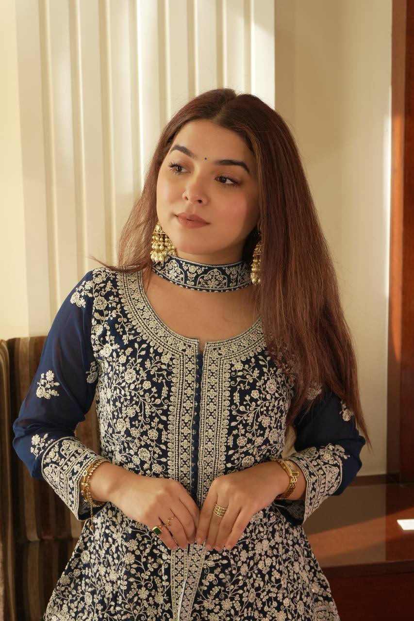 Embroidered Georgette Peplum Top with Palazzo & Dupatta Set | Festive Party Wear Kurti Set for Women