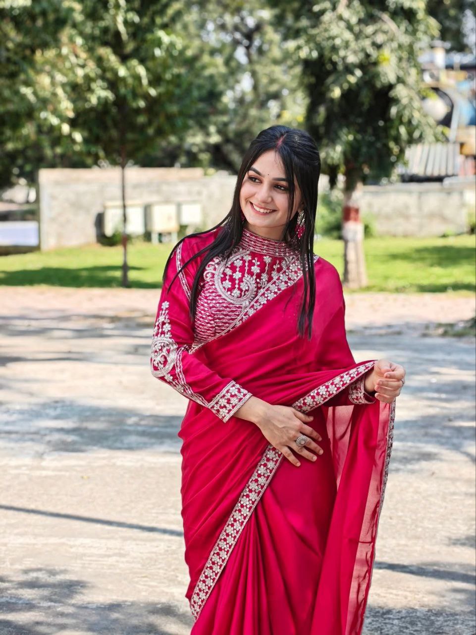 Heavy Rangoli Ready to Wear Saree with Embroidery Sequence Work & Full Stitched Banglori Blouse