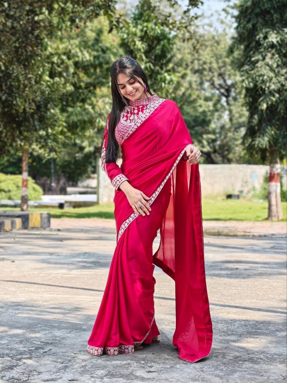 Heavy Rangoli Ready to Wear Saree with Embroidery Sequence Work & Full Stitched Banglori Blouse