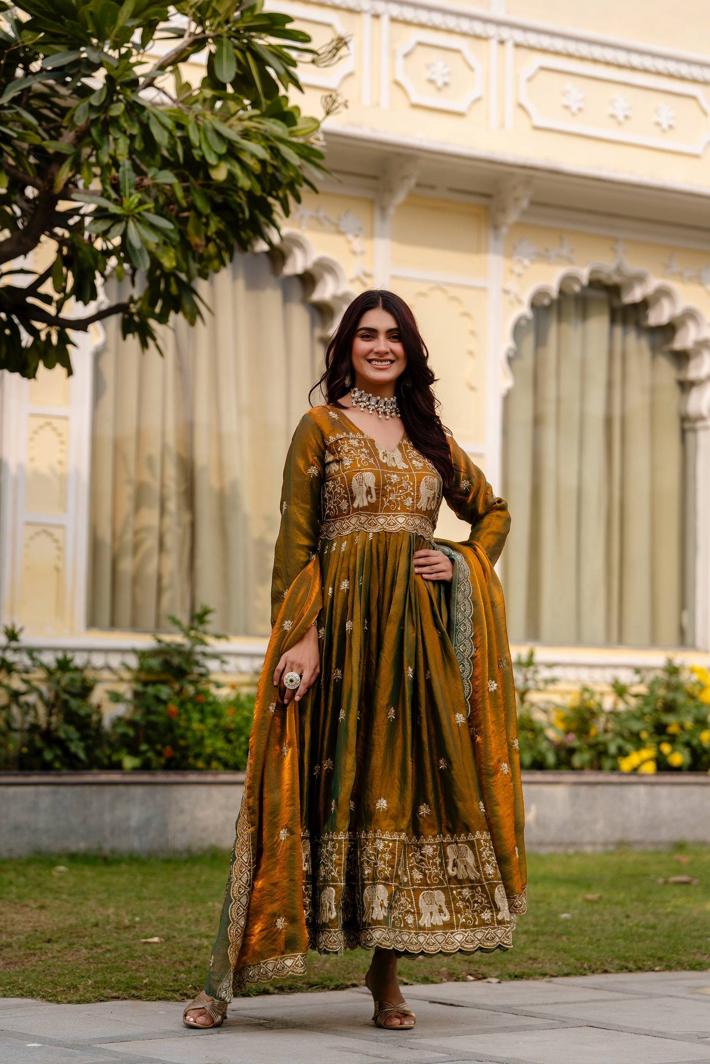 Exclusive Dual Tone Fendy Satin Embroidered Gown with Dupatta – Heavy Embroidery Party Wear Designer Gown for Women
