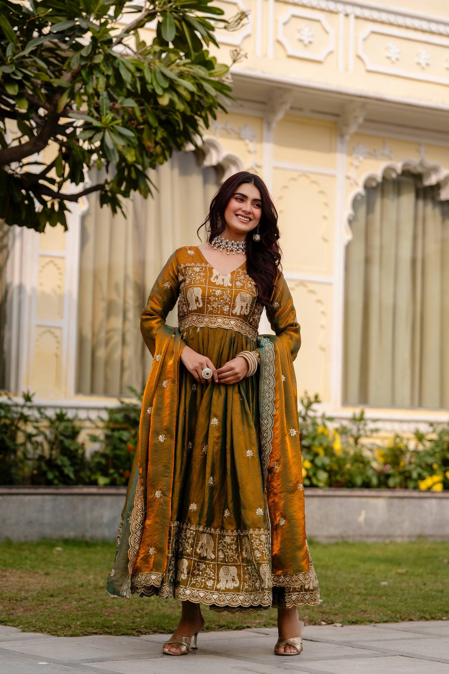 Exclusive Dual Tone Fendy Satin Embroidered Gown with Dupatta – Heavy Embroidery Party Wear Designer Gown for Women