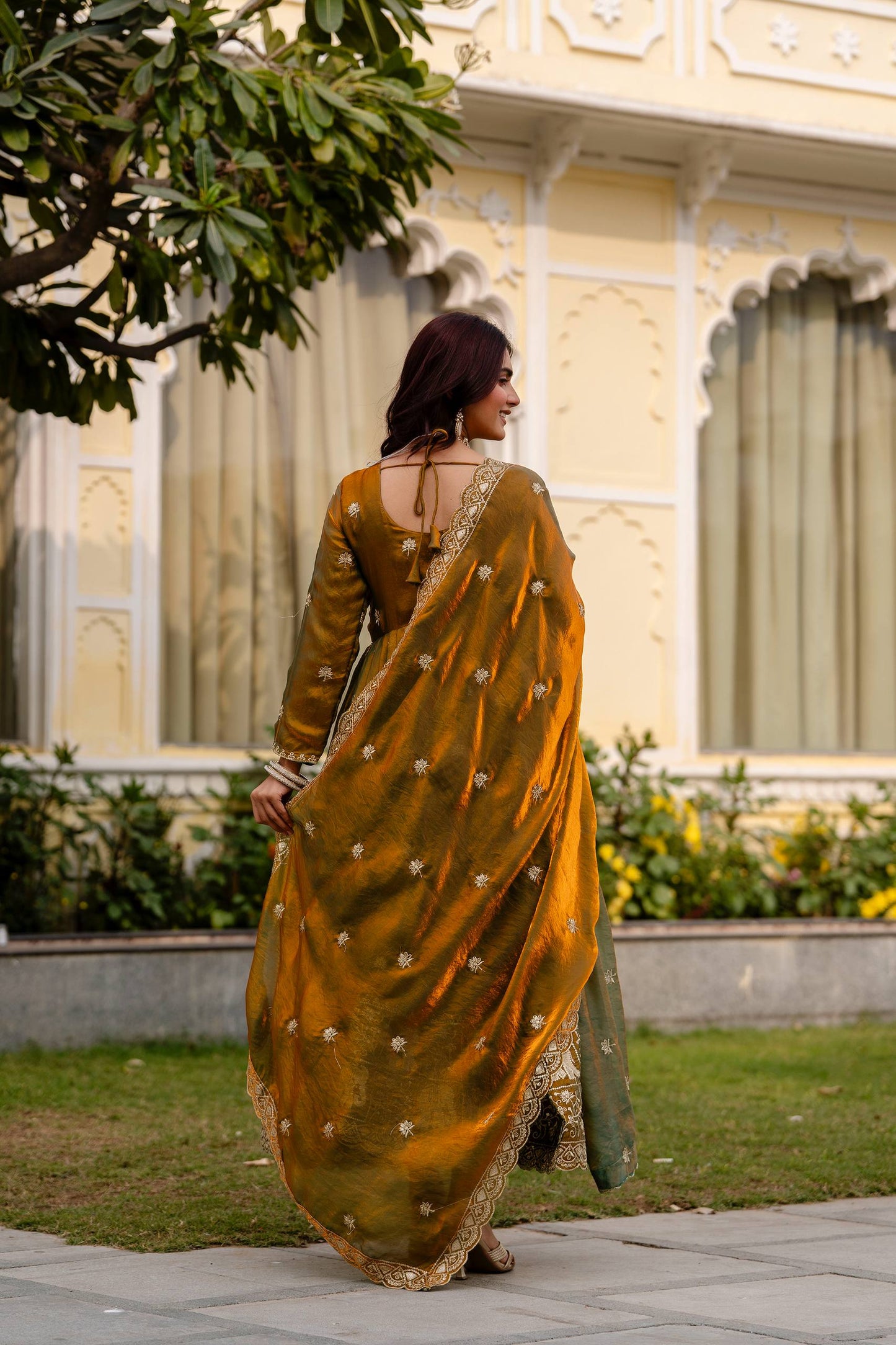 Exclusive Dual Tone Fendy Satin Embroidered Gown with Dupatta – Heavy Embroidery Party Wear Designer Gown for Women