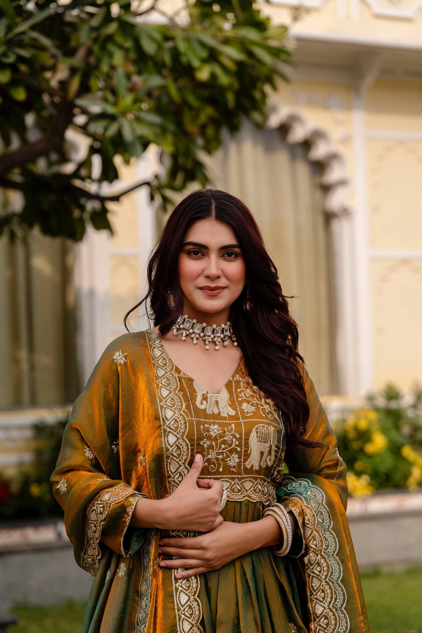 Exclusive Dual Tone Fendy Satin Embroidered Gown with Dupatta – Heavy Embroidery Party Wear Designer Gown for Women